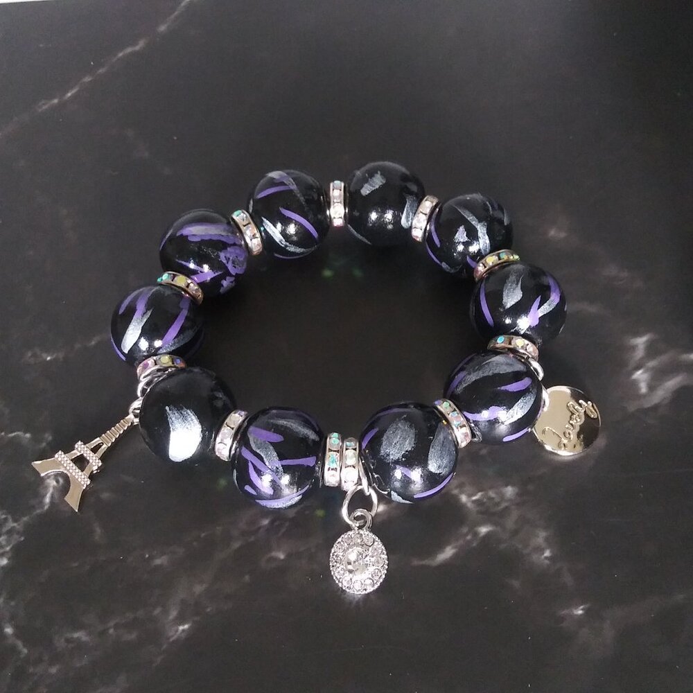 Midnight in Paris – OOAK Women's Hand-Painted Wood Bead Bracelet